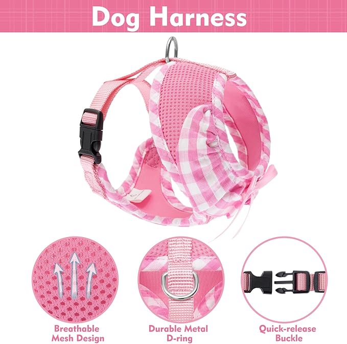 EXPAWLORER Cute Dog Harness and Leash Set - Pink Girl Dog Harness Checkered Step-in Design, Easy Adjustable No-Choke Lightweight Breathable Vest for Small Medium Dogs Outdoor Walking, Medium