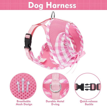 EXPAWLORER Cute Dog Harness and Leash Set - Pink Girl Dog Harness Checkered Step-in Design, Easy Adjustable No-Choke Lightweight Breathable Vest for Small Medium Dogs Outdoor Walking, Medium