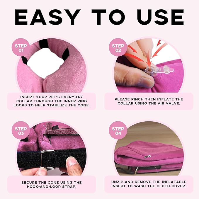 Inflatable Dog Cone Collar-Enhanced Anti-Licking Protective Cone with Adjustable Strap-Soft Dog Donut Collar Recovery Cone for Pets After Surgery (Pink, M)