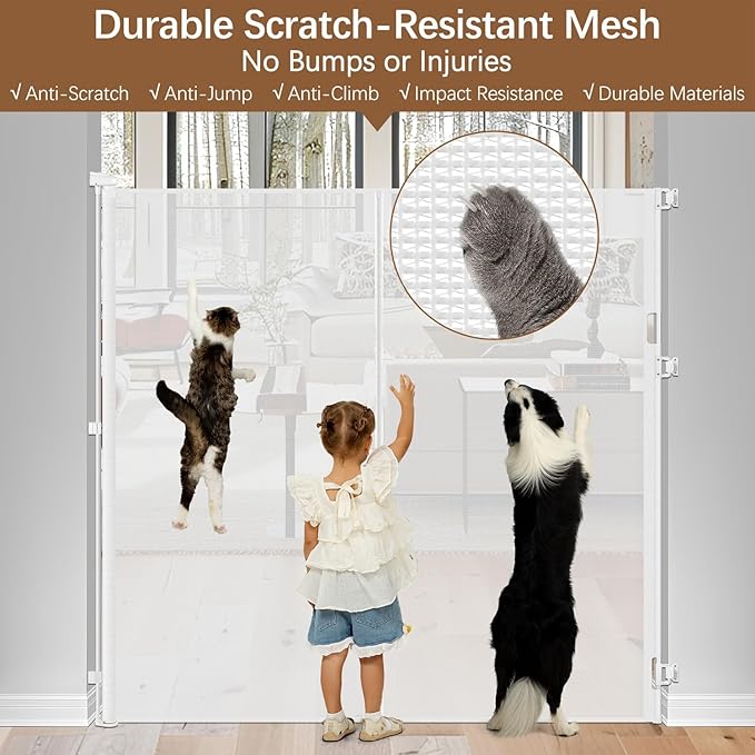 Reinforced 55" Extra Tall Cat Gate for Doorway - No Jumping Over/Crawling Under, Retractable Baby Gate for Cats Fits Openings up to 55" Wide, Retractable Dog Gate Indoor Tall Pet Gate for Stairs/White