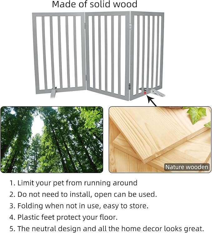 ZJSF Freestanding Indoor Dog Gate for House Foldable Wood Puppy Gate for Doorways Pet Gate for Stairs Extra Wide Pet Fence, Grey, 32" Height 3 Panels
