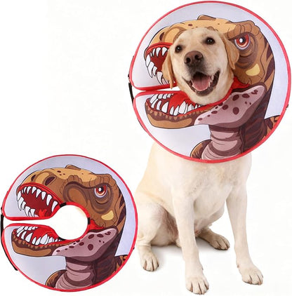EXPAWLORER Large Widen Soft Dog Cone Collar - Inflatable Dog Neck Donut Collar Alternative After Surgery to Stop Licking,Adjustable Protective Recovery E Collar(Dinosaur)