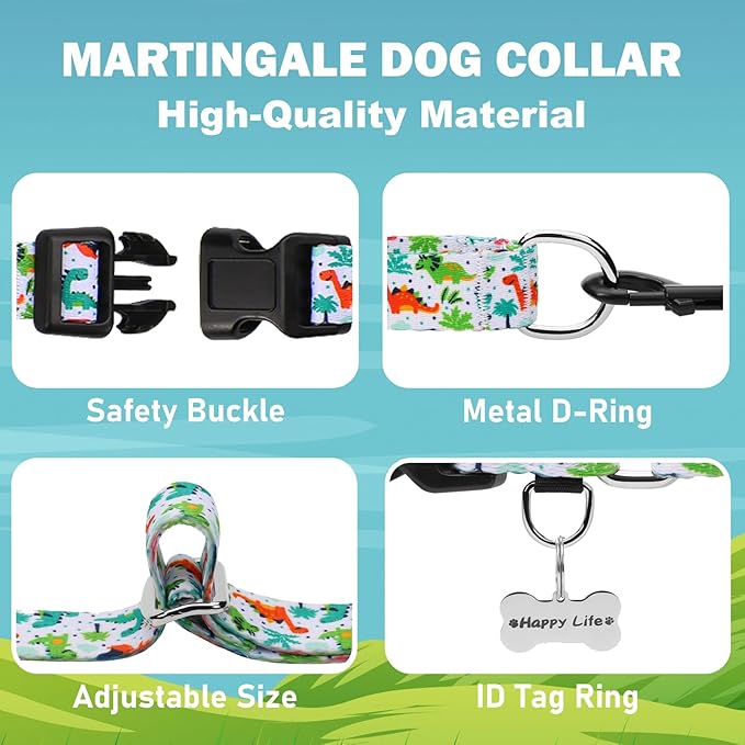 Martingale Dog Collars with Buckle No Pull Training Dog Collar for Medium Dogs (Green Dinosaur, Medium)