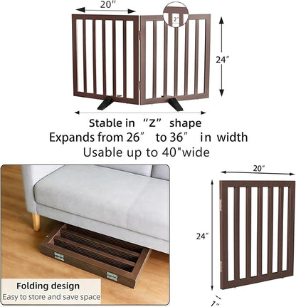 ZJSF Freestanding Indoor Dog Gate for House Foldable Wood Puppy Gate for Doorways Pet Gate for Stairs Extra Wide Pet Fence, Brown, 24" Height 2 Panels