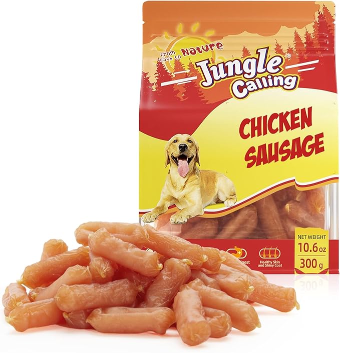 Jungle Calling Soft Chicken Sausage Dog Treats, Slow Roasted Tender Chicken Jerky for Small & Medium Dogs, Grain-Free High Protein Dog Training Treats, Easy to Chew, 10.6 oz