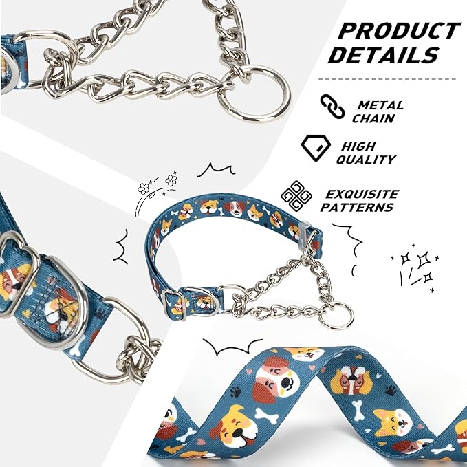 Adjustable No-Pull Dog Collar - Martingale Chain Collar with Safe Limited-Slip Design, Choker Training Collar for Medium, Large & XL Dogs(L)