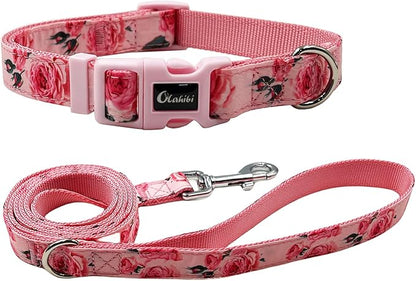 Dog Collar Leash Set, Floral Pattern, Nylon Webbing Plus Cotton Ribbon, 5ft Matching Leash, for Medium Dogs.(M, Pink Rose)