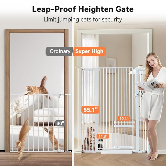 COMOMY 55.1" Extra Tall Pet Gate for Cats, Extra Wide Cat Gate with Adjustable Cat Door, Pressure Mounted Easy Walk Through Pet Gate with Door for Stairs, Doorways, Kitchen(White, 29.5-40.6")