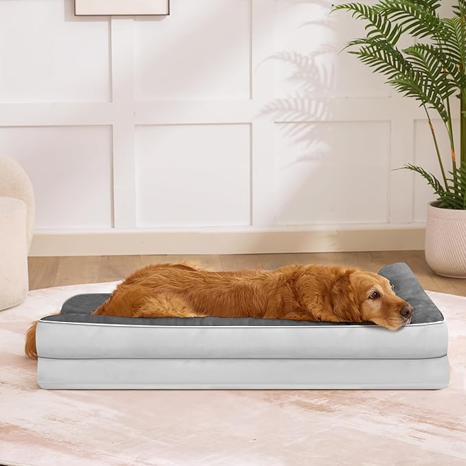 Dog Bed Large Sized Dogs, Orthopedic Dog Bed for Large Dogs, Waterproof Pet Bed with Washable Removable Cover, L-Shaped Pet Couch with Portable Handle 36"x27"x6.5", Grey Flannel