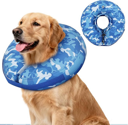 IEUUMLER Inflatable Recovery Dog Cone Collar, Neck Donut Protective ECollar, Adjustable Soft Collar for Dog and Cat After Surgery Prevent from Biting & Licking EU020 Blue Camo L