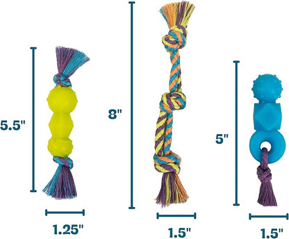 Mini Dentachew Pack Dental Chew Toy, Multi-Textured, Fetch & Tug Rope, Puppies & Small Dogs, 7", 3-Pack