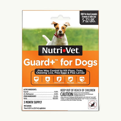 Nutri-Vet Guard+ for Dogs, Flea and Tick Prevention Spot On Drops, Topical Treatment for Dogs 5-22 lbs, Puppy Essentials, Waterproof Formula, 3 Monthly Doses, 90 Days of Protection