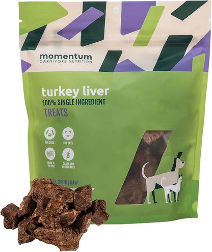 Momentum Carnivore Nutrition Freeze-Dried Turkey Liver Dog Treats & Cat Treats – Single-Ingredient, High-Protein, Grain-Free, Naturally Flavorful & Lean – Made in USA – 3.5 oz Bag