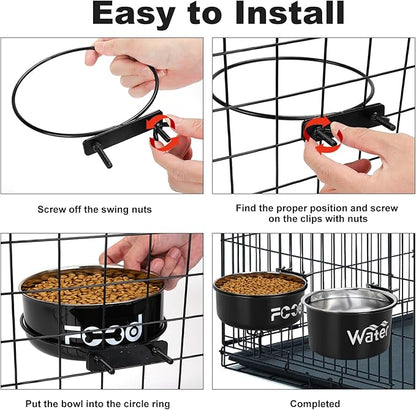 Crate Water Bowl No Spill for Large Dogs, Removable Stainless Steel Dog Bowls for Food and Water, Dog Kennel Hanging Wet and Dry Food Feeder for Medium/Large Pets, (7.1"x3.7" & 7.1"*2.6", Black)