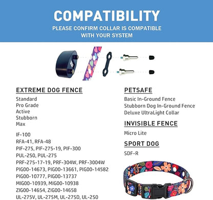 Rhea Rose 1 Inch Replacement Collar Strap Shock Collar with 2 Holes, Compatible with Nearly All Brands and Models of Underground Electric Dog Fences and Training Collars, Black Flowers Pattern