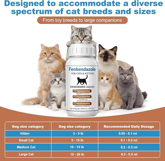 Cat Dewormer for Cats – Fenbendazole Liquid Broad Spectrum Wormer for Tapeworms, Roundworms & Hookworms, 120 mL (4.2 fl oz)