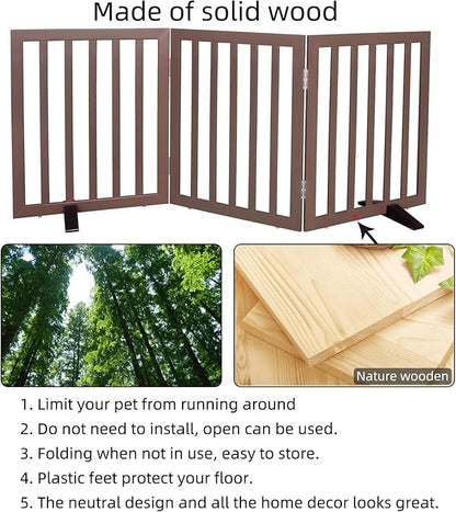 Dog Gate Indoor, Freestanding Dog Fence for The House, Doorways, Hallways,or Stairs,Pet Gate Foldable Wooden,Expandable 24" Height 3 Panels,Brown