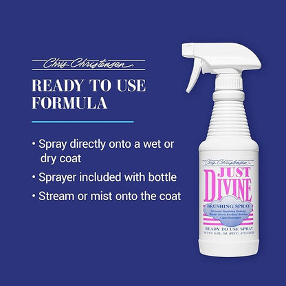 Chris Christensen Just Divine Dog Brushing Spray, Groom Like a Professional, Prevents Brushing Damage, Light Detangler, Ready to Use, All Coat Types, Made in USA, 16oz