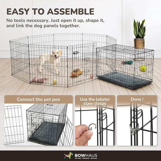 BOWHAUS Foldable Outdoor/Indoor Pet Playpen with Gate, Available in 24 Inch Height Metal Portable Kennel, Heavy-Duty Exercise Fence Cage 8 Panels for Small Dog, Animals