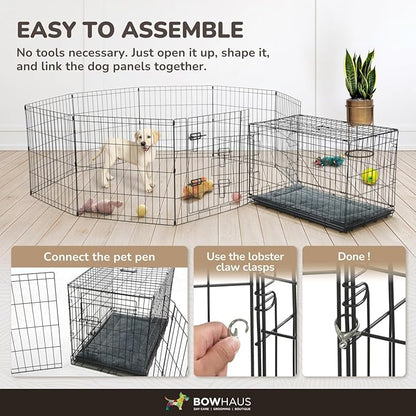 BOWHAUS Foldable Outdoor/Indoor Pet Playpen with Gate, Available in 24 Inch Height Metal Portable Kennel, Heavy-Duty Exercise Fence Cage 8 Panels for Small Dog, Animals