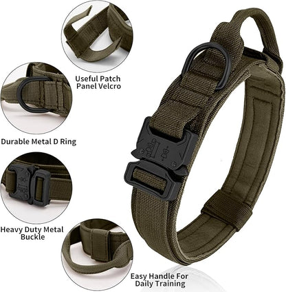 Tactical Dog Collar - Green, XL, Nylon, Heavy Duty Metal Buckle, Control Handle for Small, Medium, Large Dogs