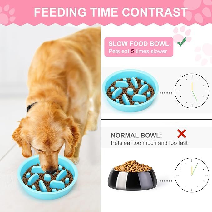 Anipaw Slow Feeder Dog Bowls 3 in 1 Stainless Steel Dog Food and Water Bowls with Non-Spill Non-Skid Silicone Mat to Slow Down Eating for Large Medium Small Breed Size Dogs and Cats (Pink Blue)