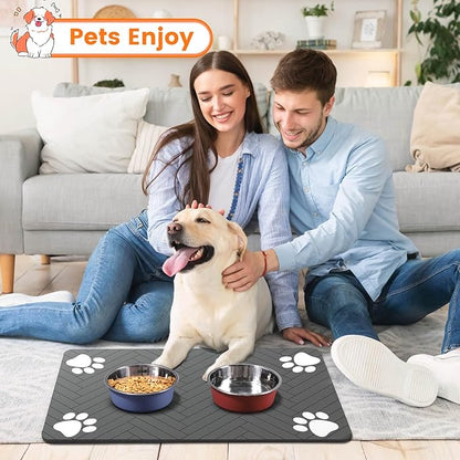 Pet Feeding Mat-Absorbent Pet Placemat for Food and Water Bowl, with Waterproof Rubber Backing, Quick Dry Water Dispenser Mat for Dog and Cat (24"x16", Black)