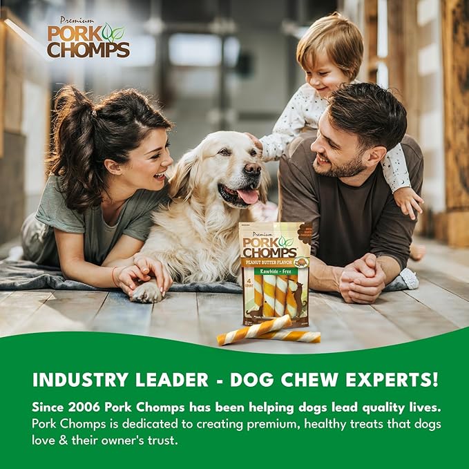 Pork Chomps Baked Pork Skin Dog Chews, 6 Inch Twists, 4 Count - Peanut Butter Wrap - Long-Lasting Treats for Dogs - High Protein, Rawhide-Free, Low Fat, Healthy & Delicious Chews