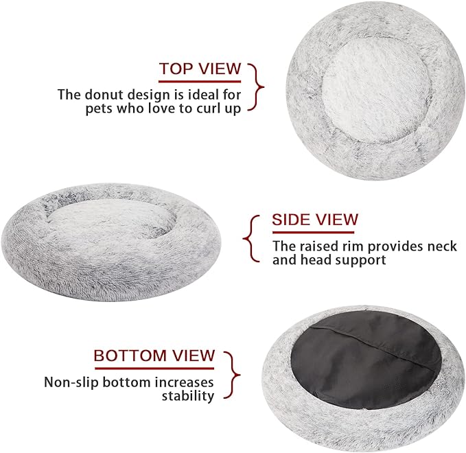 Bedfolks Calming Donut Dog Bed for Small Dogs & Cats, 23 Inches Round, Machine Washable, Anti-Anxiety Plush Bed (Dark Grey, Small)