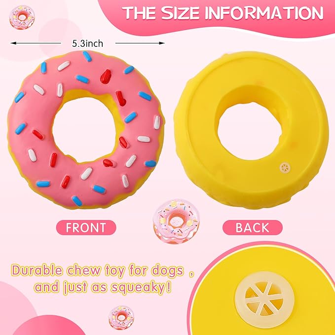 Leitee 3 Pieces 5.3 Inch Assorted Donut Dog Chew Toy with Squeakers Rubber Dog Toy Pink Yellow Black for Interactive Play Small to Medium Dogs Puppy Aggressive Chewers for New Year Gift