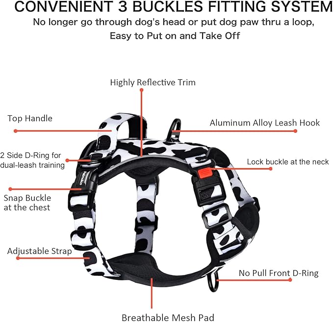 Petmolico No Pull Dog Harness and Leash Set, No Choke 4 Leash Attchments Easy Control Handle Soft Padded Reflective Vest Dog Harness for Small Dog Breed, Cow Pattern Small