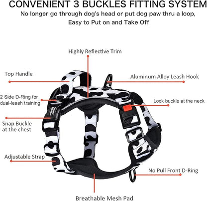 Petmolico No Pull Dog Harness and Leash Set, No Choke 4 Leash Attchments Easy Control Handle Soft Padded Reflective Vest Dog Harness for Small Dog Breed, Cow Pattern Small