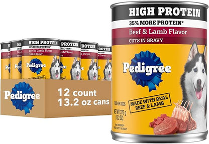 Pedigree High Protein Wet Dog Food, Adult Soft Canned Dog Food, Beef & Lamb Flavor, 13.2 oz Cans, 12 Count