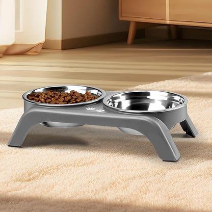 Elevated Dog Bowls for Small Dogs, 3” High Raised Dog Bowl Stand with Dual 5” Stainless Steel Bowls Non-Slip Pet Feeder for Puppy and Cats, Dishwasher Safe, Grey