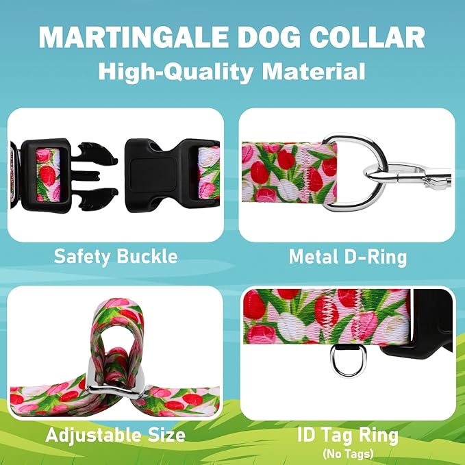 Martingale Collar for Dogs with Buckle Floral No Pull Adjustable Nylon Limited Slip Training Dog Collars (Pink Tulip, Medium)