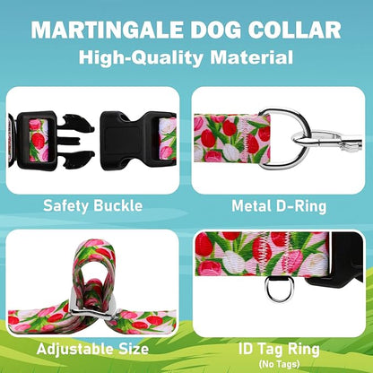 Martingale Collar for Dogs with Buckle Floral No Pull Adjustable Nylon Limited Slip Training Dog Collars (Pink Tulip, Small)