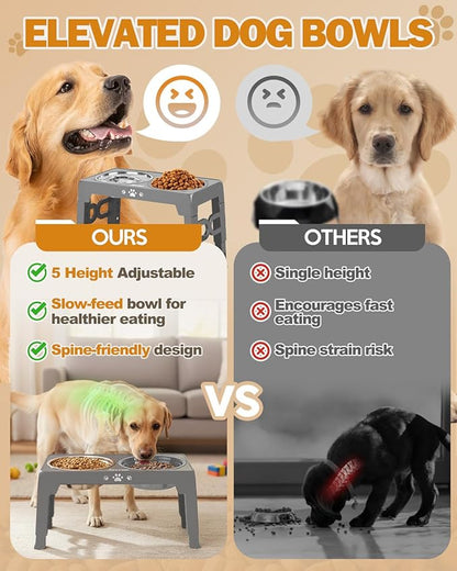 Jovrun Elevated Dog Bowls for Medium Size Dogs with Mat, Non-Slip Dog Feeder with 1*Stainless Steel Dishes & 1*Slow Feeder Bowl, 5 Heights Adjustable Raised Bowls for 3.15″-8.66″-9.84″-11.02″-12.2″