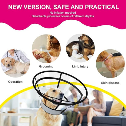 Sponge Core Dog Cat Cone Collar for After Surgery Recovery, Inflatable Dog Cone Alternative, Lainergie Dogs Donut Collar Adjustable with 2PCS Cover for Large Medium Small Dogs Cats (Grey+Pink, XXL)