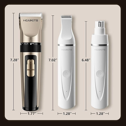 HEAPETS Dog Hair Clippers for Grooming Kit and Dog Paw Trimmer Nail Grinder for Grooming, Low Noise Rechargeable Cordless, Shaver Grooming Supplies for Pet Cats Dogs (Gold, White)