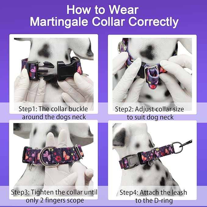 Martingale Collar with Buckle Purple Nylon Adjustable Cute Girl Female Dog Collars (Butterfly Floral, Large)