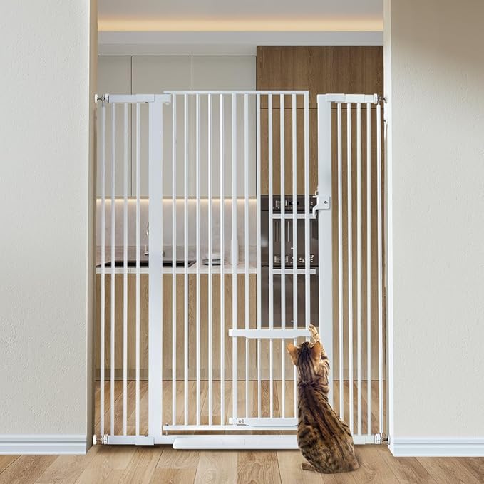COMOMY 55.1" Extra Tall Pet Gate for Cats, 29.5-43" Extra Wide Cat Gate with Adjustable Cat Door, Pressure Mounted Easy Walk Through Pet Gate with Door for Stairs, Doorways, Kitchen(White)