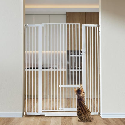 COMOMY 55.1" Extra Tall Pet Gate for Cats, 29.5-43" Extra Wide Cat Gate with Adjustable Cat Door, Pressure Mounted Easy Walk Through Pet Gate with Door for Stairs, Doorways, Kitchen(White)