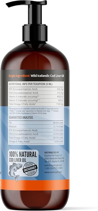 Wild-Caught Pure Icelandic Cod Liver Oil for Dogs & Cats,1150 mg Omega-3 per TSP, High EPA & DHA, Natural Vitamins A & D, Supports Healthy Skin & Coat & Mobility, Single-Ingredient, 100% Pure