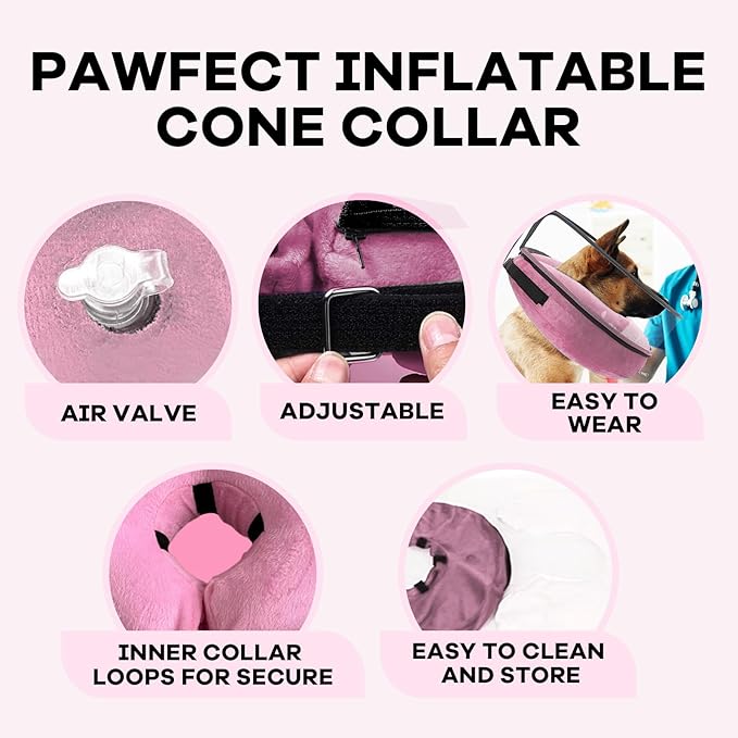 Inflatable Dog Cone Collar-Enhanced Anti-Licking Protective Cone with Adjustable Strap-Soft Dog Donut Collar Recovery Cone for Pets After Surgery (Pink, XL)