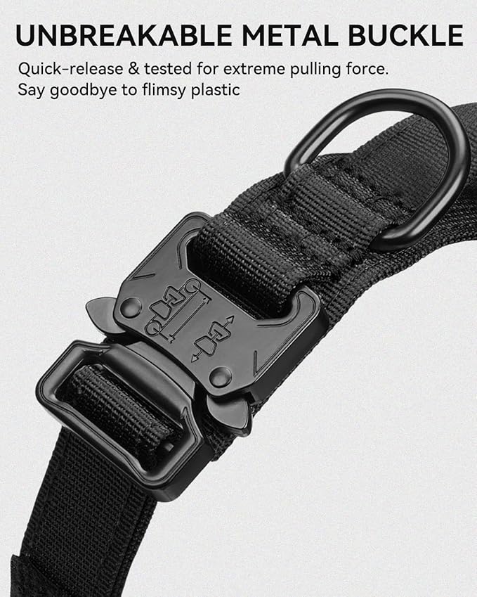 Joytale Tactical Dog Collar with Handle and Metal Buckle, Heavy Duty Padded Military Collar with 2 Patches for Training, Adjustable for XLarge Dogs, Black, XL