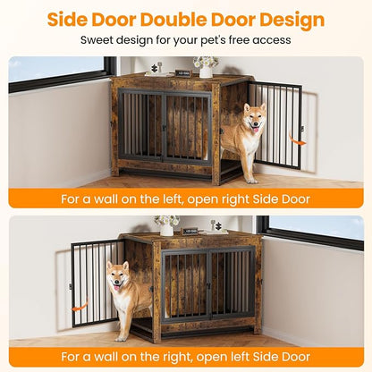 Derfullo Dog Crate Furniture, 38 Inch Indoor Dog Kennel for Medium Dogs Up to 50 LBS, Heavy Duty Wooden Pet Cage End Table with 3 Doors, Alloy Steel Frame & Removable Tray