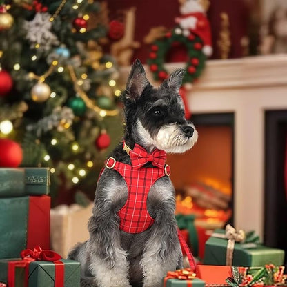 Beirui Cute Small Dog Harness Collar and Leash Set with Bowtie, Soft Adjustable Plaid Puppy Harness for Small Sized Dogs Cats Walks Parties and Photoshoots(Red,S:Chest 17-23")