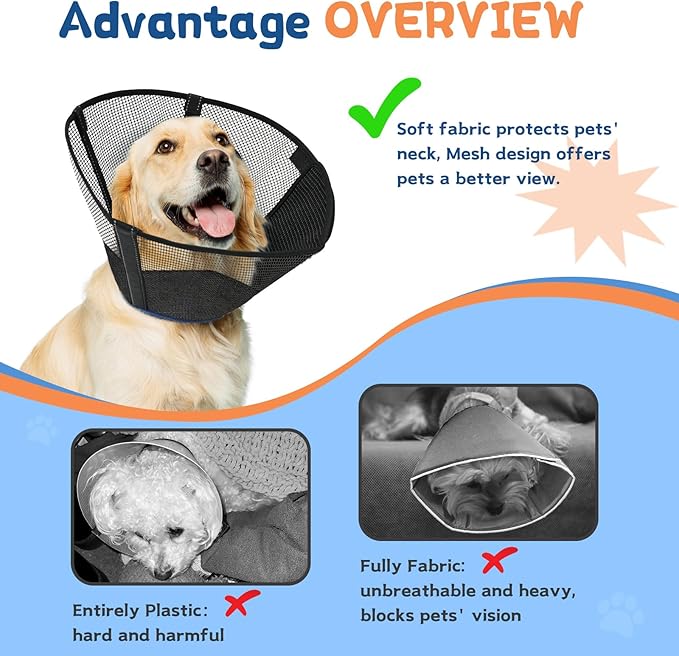 Dog Cone Collar to Stop Licking: Soft Mesh Recovery Collar After Surgery with Detachable Pad, Elizabeth Cone Alternative for Large Medium, Small Dogs, Normal Eating and Drinking (S,Black and Blue)