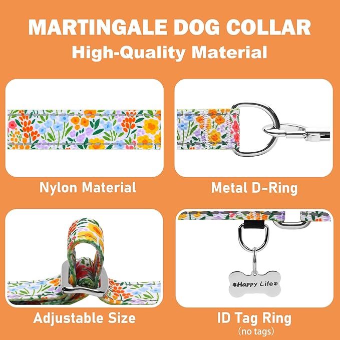 Reflective Martingale Collar for Dogs Nylon Training Collar with No Buckle Cute Floral No Pull Dog Collar for Medium Dogs（Yellow Flower，M）