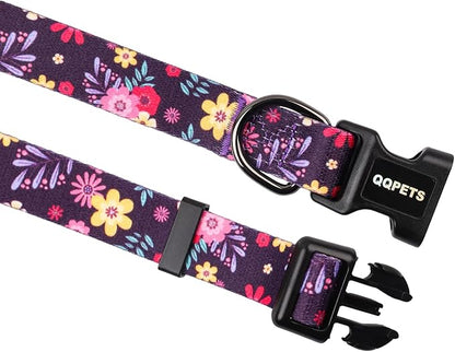 QQPETS Adjustable Soft Dog Collar: Print Flower Pink Multicolor Cute Patterns for XS Small Medium Large Pet Girl Boy Puppy Walking Running Training (XS, Elegant Purple)